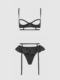 House of Desire Brigeta Satin Open Cup Bra & Gartered Riuffle Panty Set Black