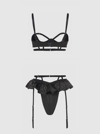 House of Desire Brigeta Satin Open Cup Bra & Gartered Riuffle Panty Set Black