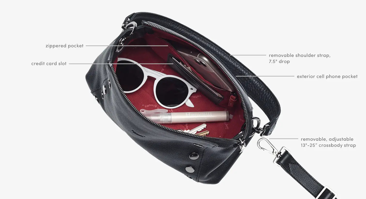 Hammitt Bryant Med Leather Shoulder Bag Black/Brushed Gold Red Zip-Rebel Romance