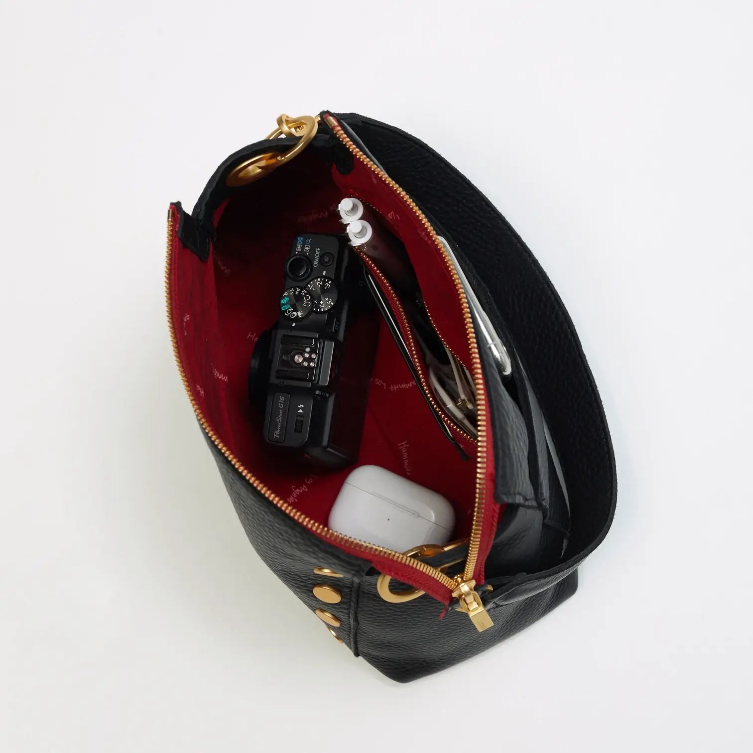 Hammitt Bryant Med Leather Shoulder Bag Black/Brushed Gold Red Zip-Rebel Romance