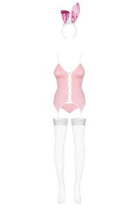 Pink Obsessive Bunny Suit Costume with corset lacing, cute bows, and white fishnet stockings.