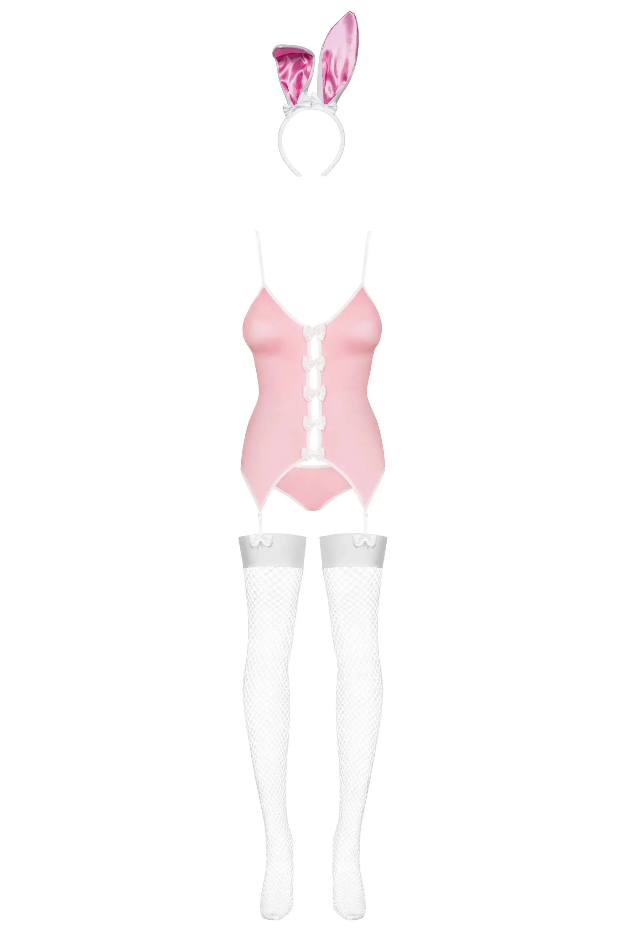 Pink Obsessive Bunny Suit Costume with corset lacing, cute bows, and white fishnet stockings.