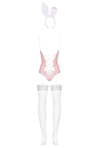 Pink Obsessive Bunny Suit Costume with white bunny ears, corset lacing, garter straps, and fishnet stockings.