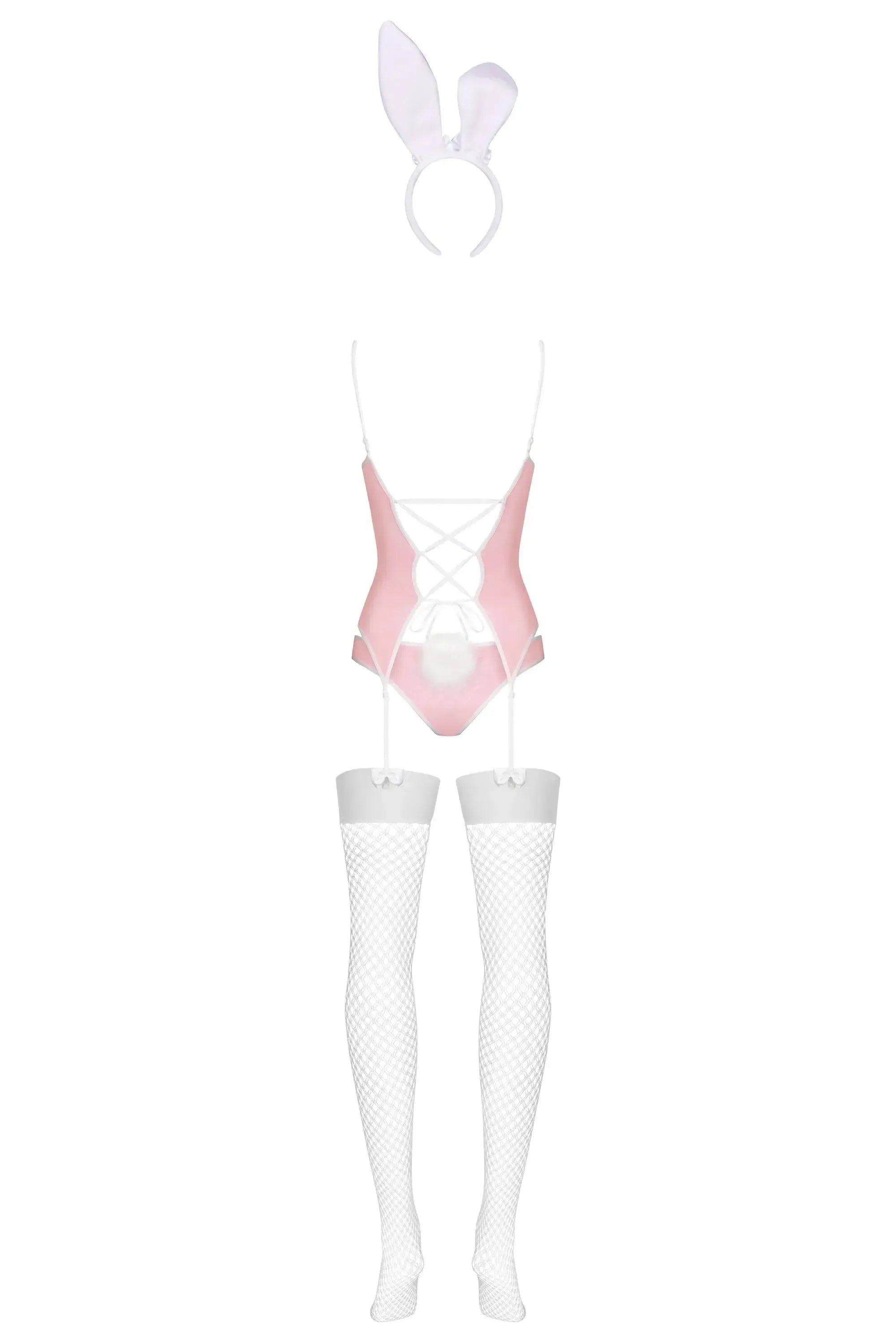 Pink Obsessive Bunny Suit Costume with white bunny ears, corset lacing, garter straps, and fishnet stockings.