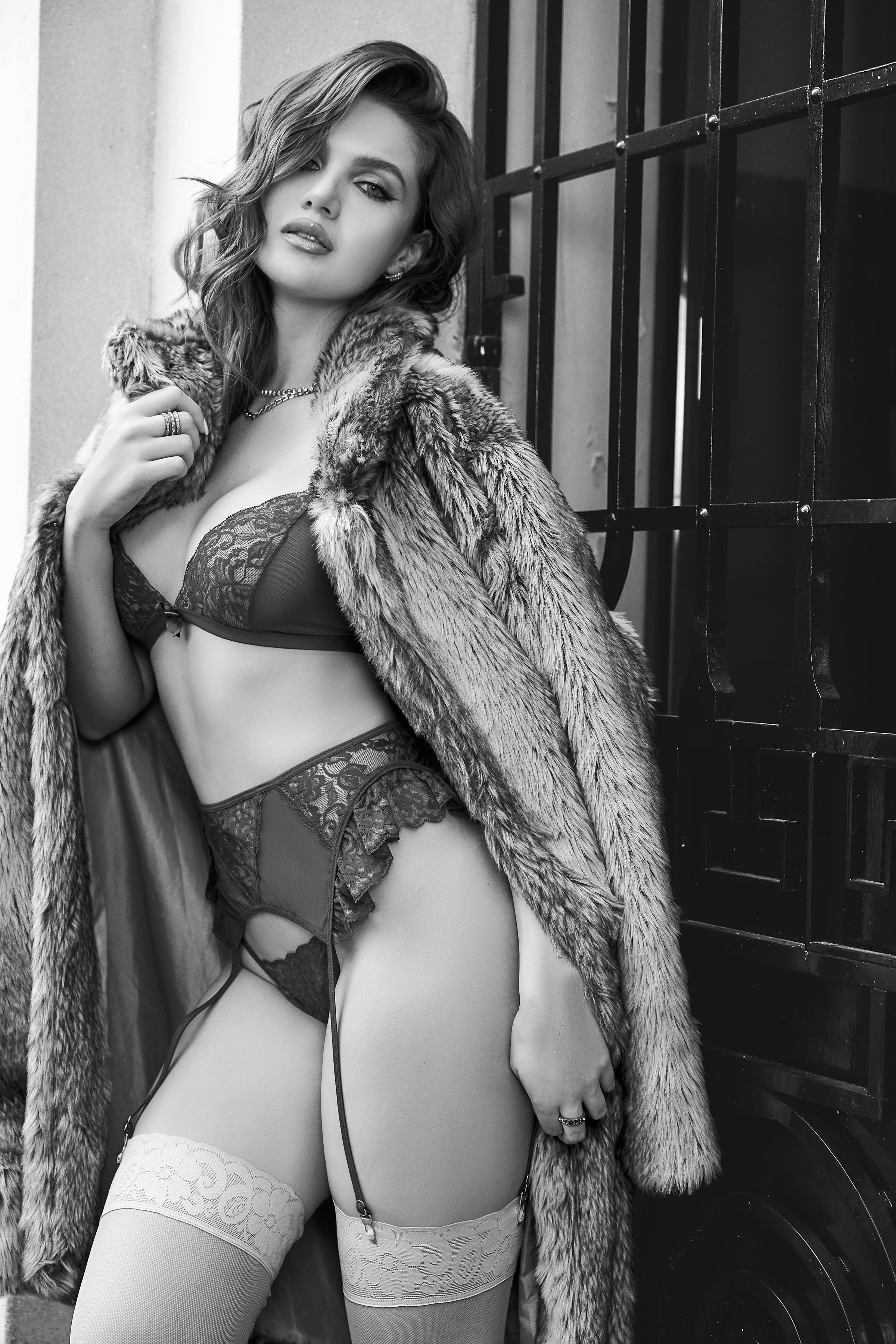 Burgundy Lace Triangle Bra, Thong & Garter Belt Set - Mapale