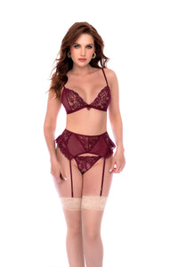 Burgundy Lace Triangle Bra, Thong & Garter Belt Set - Mapale
