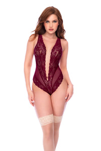 Burgundy Plunge Sheer Lace Open Back Teddy - Mapale