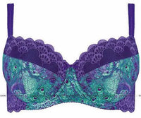 Alluring Camila padded bra in violet-green peacock print with delicate violet lace trim and subtle ribbon bow.