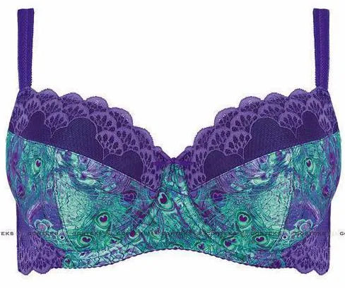 Alluring Camila padded bra in violet-green peacock print with delicate violet lace trim and subtle ribbon bow.