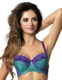 Alluring Camila padded bra in violet-green peacock print with lace trim and ribbon bow.