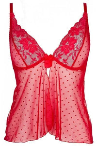 Tempting red sheer babydoll top with dotted tulle, lace underwire cups, adjustable straps, and front hooks.