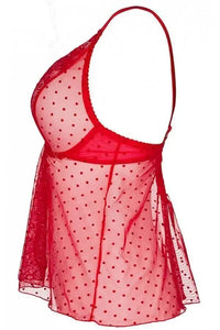 Tempting red sheer babydoll top with dotted tulle, underwire cups, and adjustable straps.