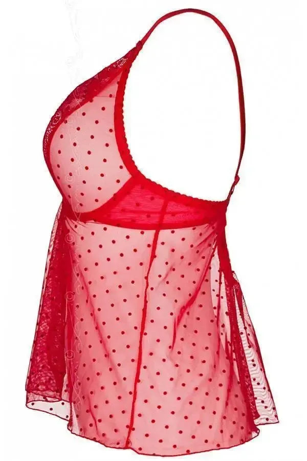 Tempting red sheer babydoll top with dotted tulle, underwire cups, and adjustable straps.