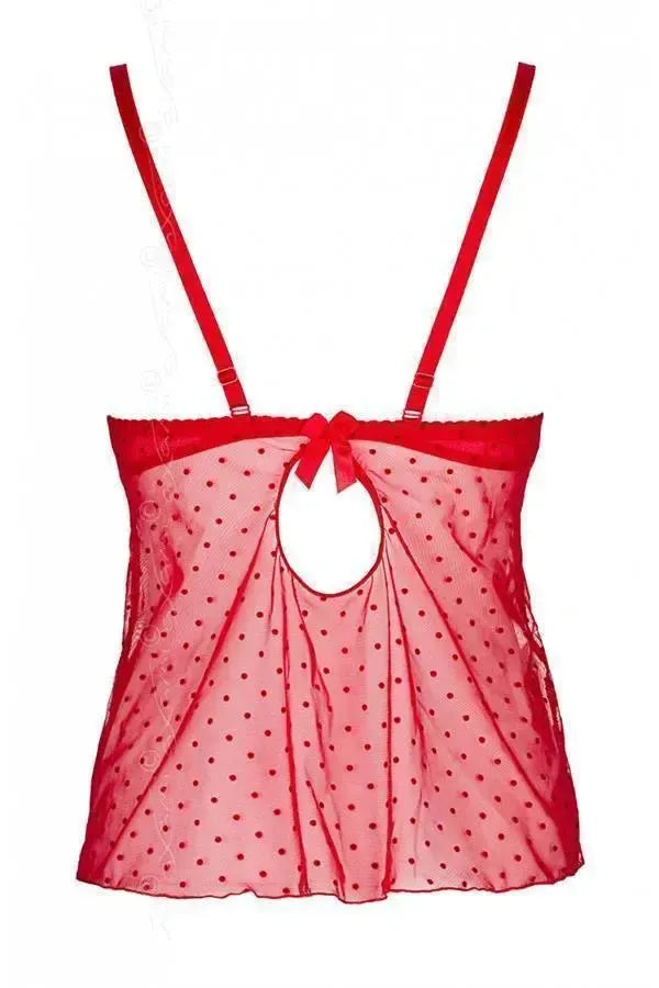 Tempting red sheer babydoll top with dotted tulle, front keyhole, and delicate bow.