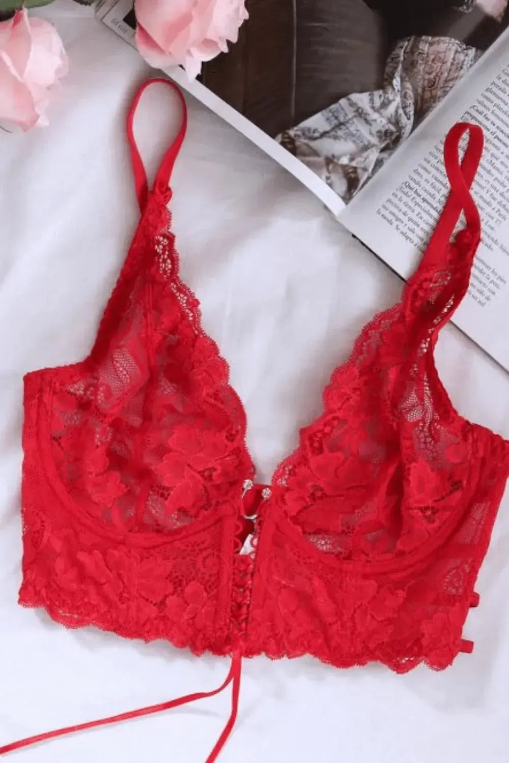 Fiery red Axami Cassiopea lace corset bra with jewelry accessories and sensual back design.