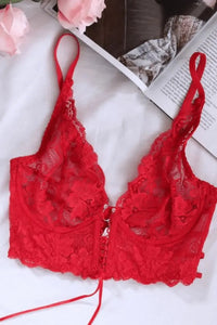 Fiery red Axami Cassiopea lace corset bra with jewelry accessories and sensual back design.