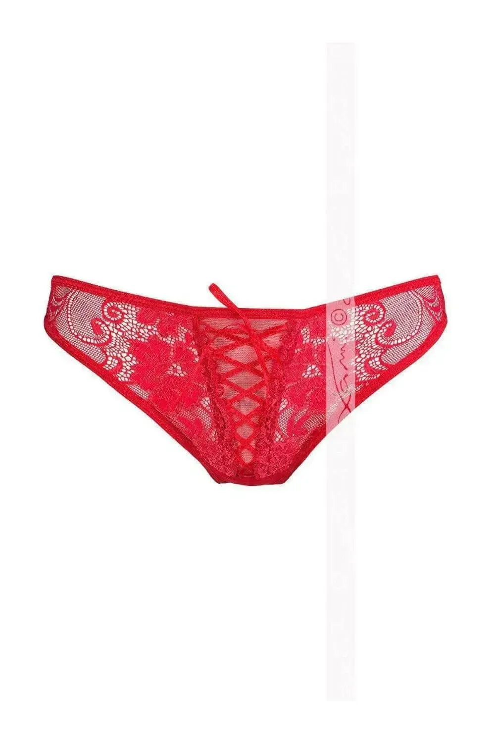 Sexy deep red lace-up g-string with feminine lace pattern and alluring back detail.