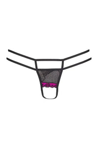 Seductive Axami Cassis crotchless g-string in shiny black and intense pink lace with a sexy cut.