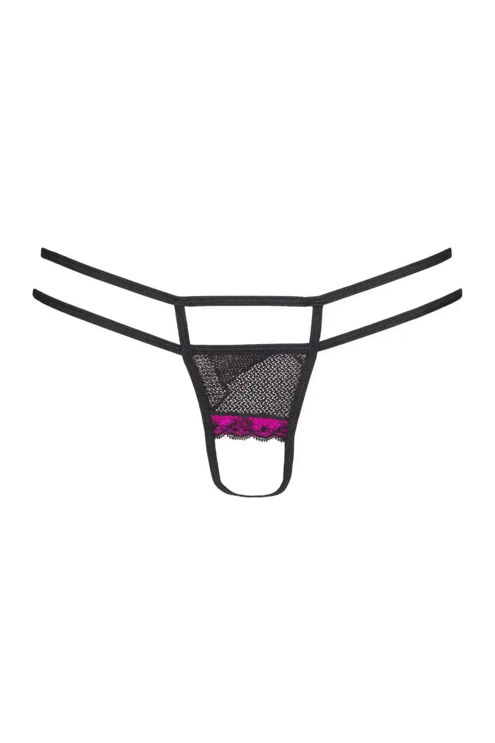 Seductive Axami Cassis crotchless g-string in shiny black and intense pink lace with a sexy cut.