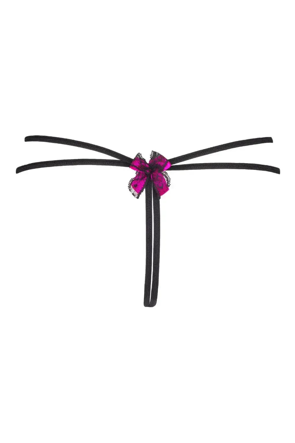 Seductive Axami Cassis crotchless g-string in shiny black with an intense pink lace bow.