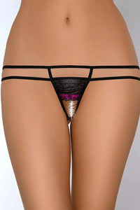 Axami Cassis crotchless g-string in shiny black and intense pink with a seductive cut.