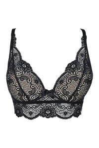 Sexy black lace longline bra with elegant scalloped edges and a delicate front bow.