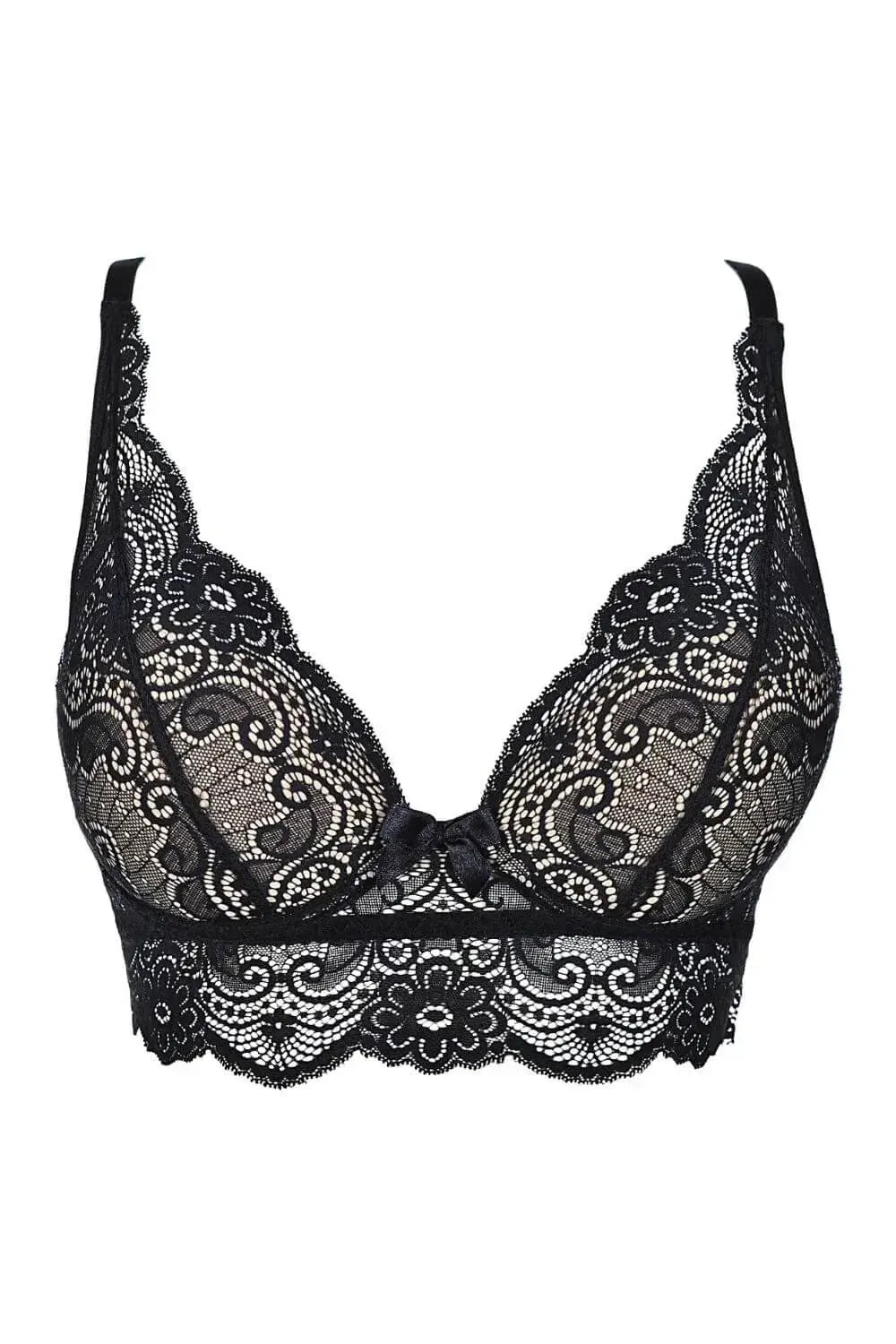 Sexy black lace longline bra with elegant scalloped edges and a delicate front bow.