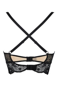 Sexy black lace longline bra with crossing back straps and double hook-and-eye fastening.
