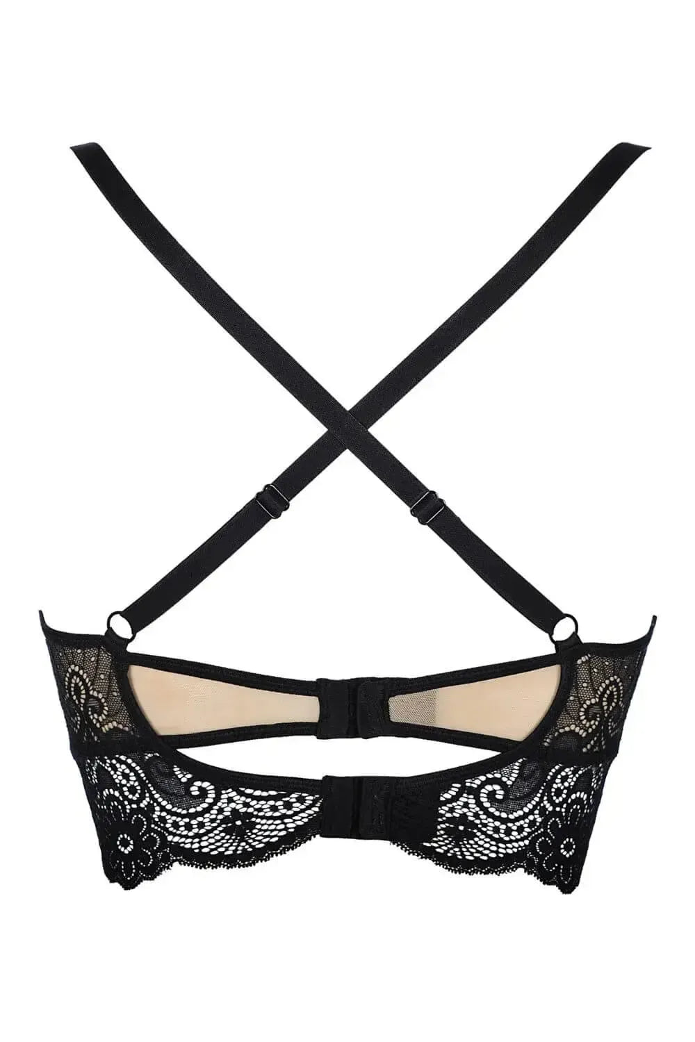 Sexy black lace longline bra with crossing back straps and double hook-and-eye fastening.