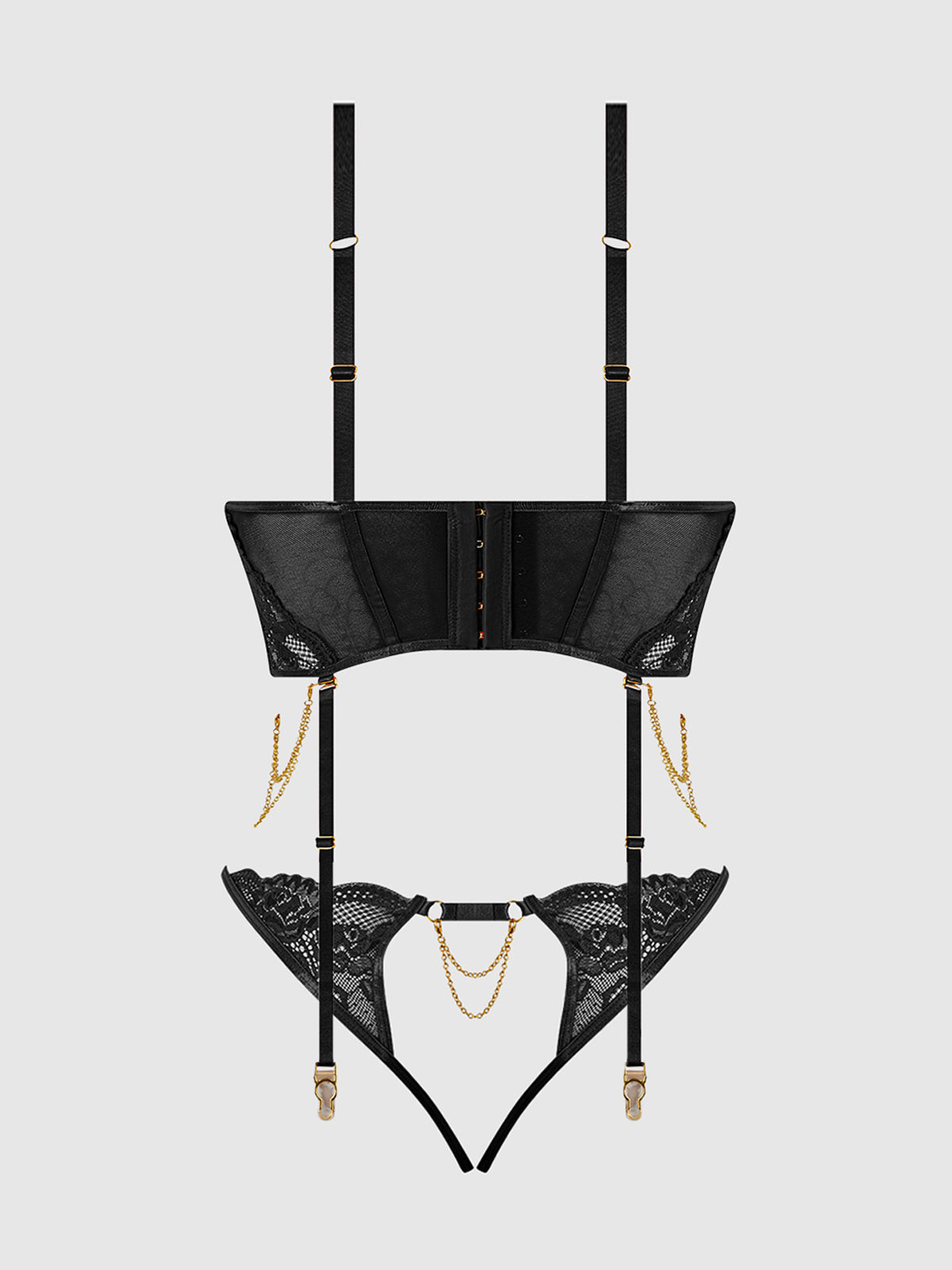 House of Desire Cecily Lace & Chain Bustier & Backless Hipster Set