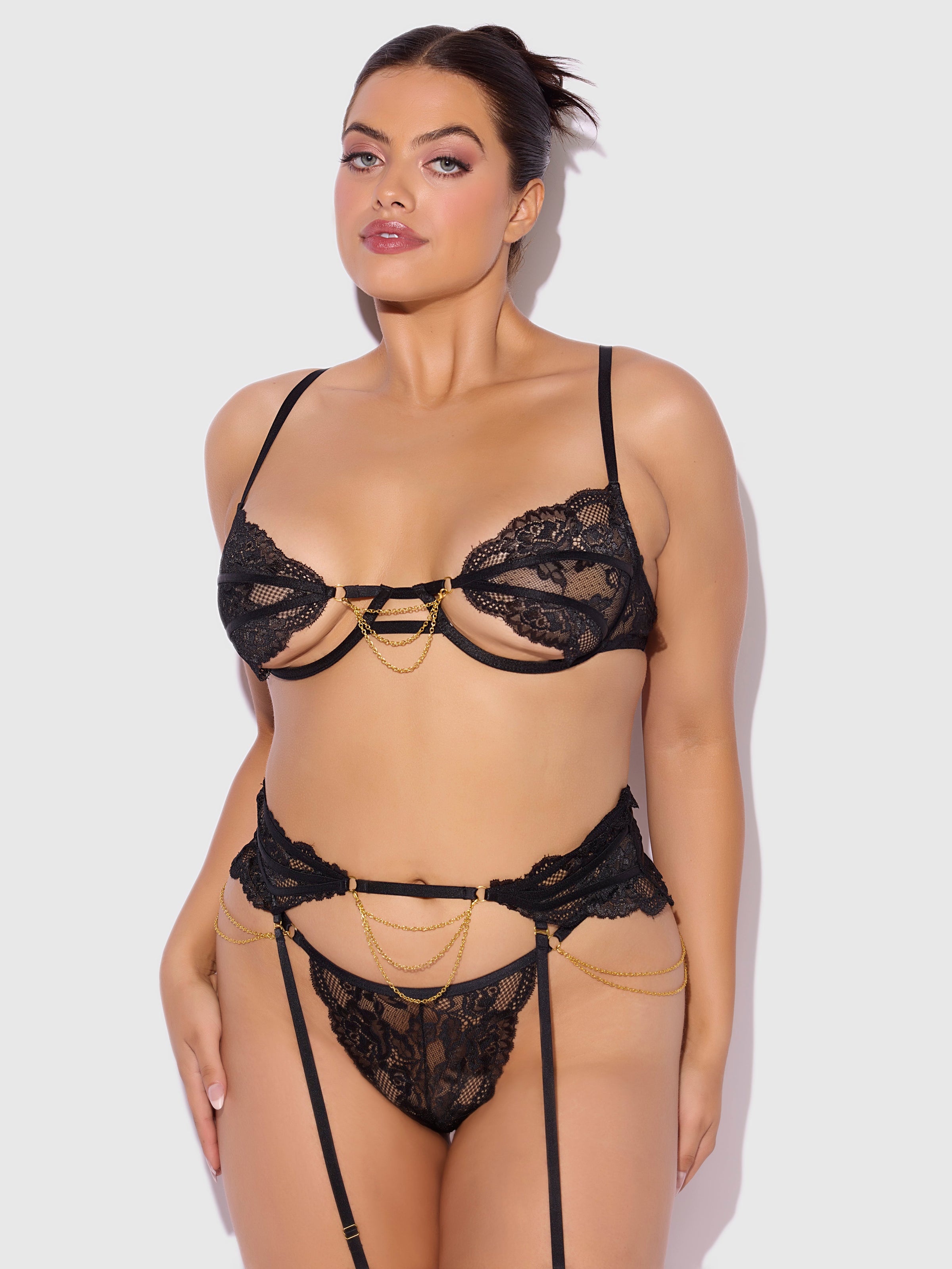 House of Desire Cecily Lace & Chain Open Cups Bra Set