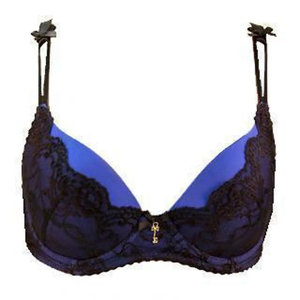 Celina Liquid Push-up Bra: vibrant blue Dogi satin with black elastic lace, adjustable straps, and a gold key charm.