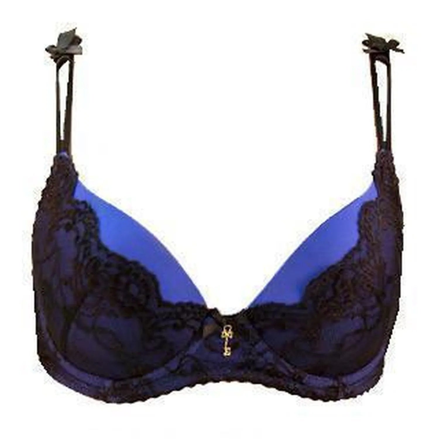 Celina Liquid Push-up Bra: vibrant blue Dogi satin with black elastic lace, adjustable straps, and a gold key charm.