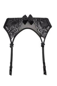 Axami Central Park black lace garter belt with luminous embroidery and satin bows.