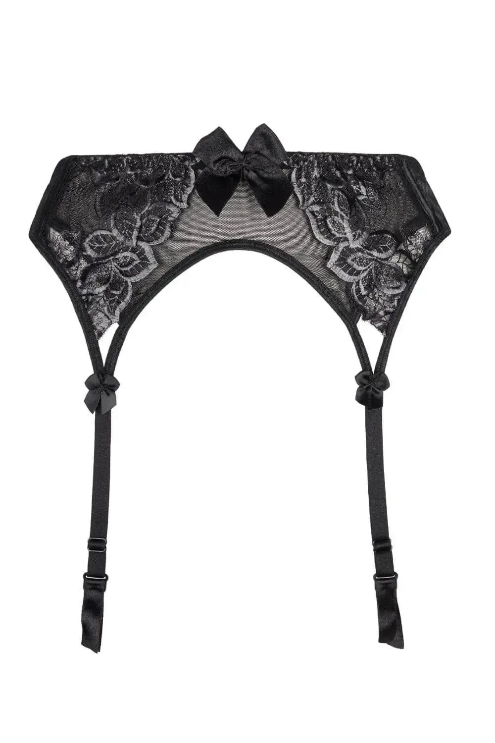 Axami Central Park black lace garter belt with luminous embroidery and satin bows.