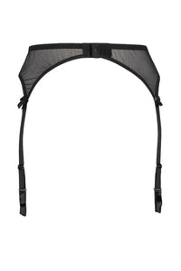 Black Axami Central Park garter belt with sheer construction, luminous embroidery, and adjustable straps.
