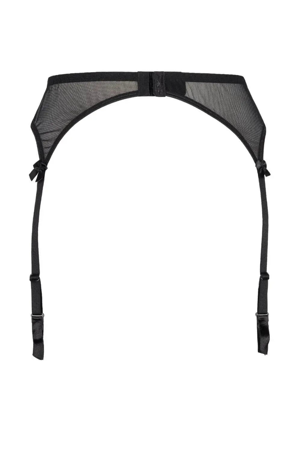 Black Axami Central Park garter belt with sheer construction, luminous embroidery, and adjustable straps.