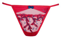 Axami Cerise G-String with vivid red and blue lace pattern and a delicate blue bow.