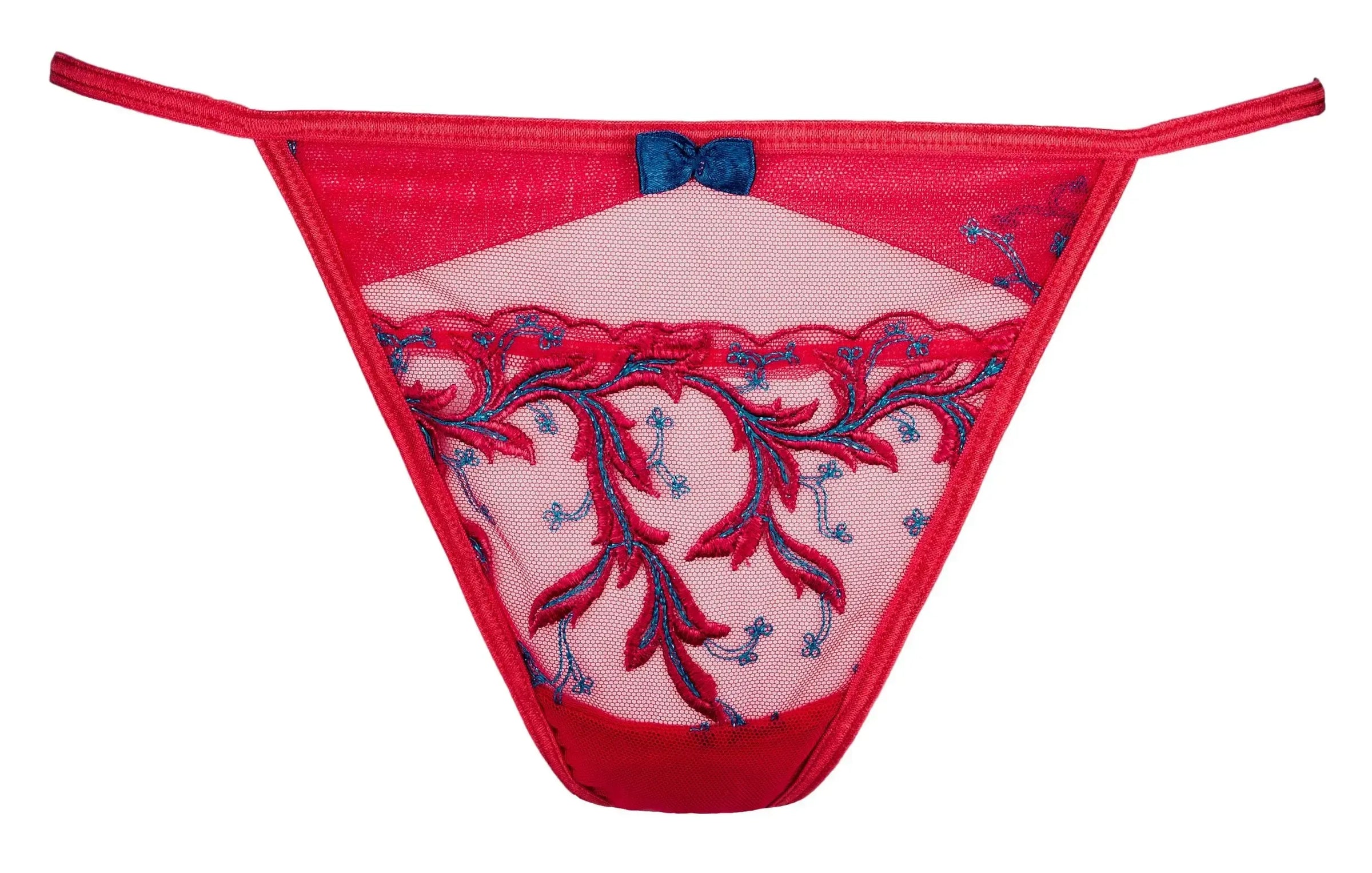 Axami Cerise G-String with vivid red and blue lace pattern and a delicate blue bow.