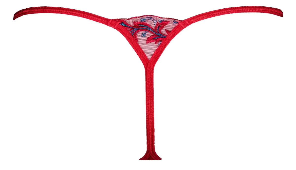 Axami Cerise G-String: vivid red lace with unique blue floral embroidery, offering minimal coverage.