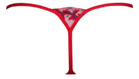 Axami Cerise G-String: vivid red lace with unique blue floral embroidery, offering minimal coverage.
