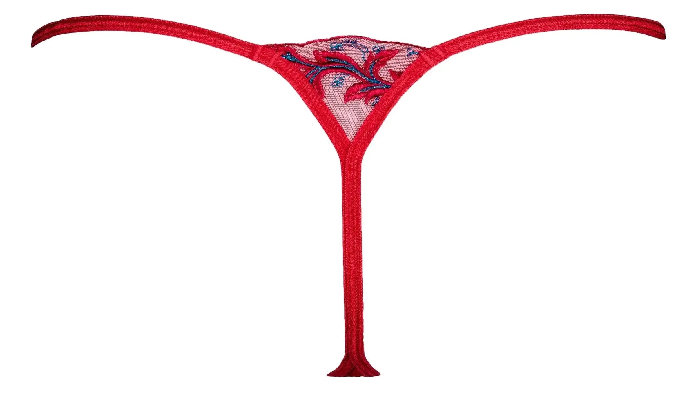 Axami Cerise G-String: vivid red lace with unique blue floral embroidery, offering minimal coverage.
