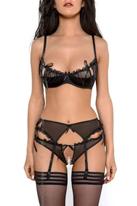 Sensual black Charbon quarter cup shelf bra with untie feature, sheer tulle, ruffles, and matching garter set.