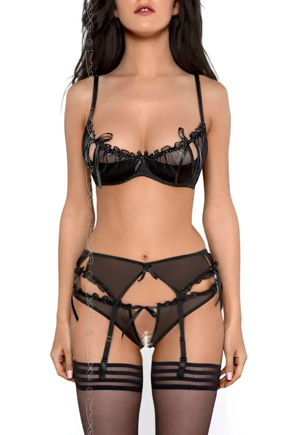 Sensual black Charbon quarter cup shelf bra with untie feature, sheer tulle, ruffles, and matching garter set.