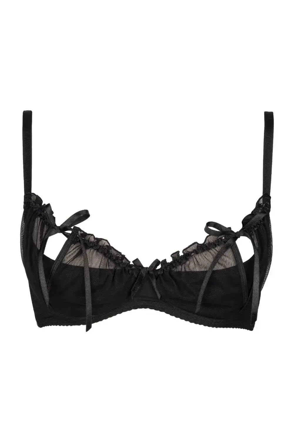 Sensual black Axami Charbon quarter cup shelf bra with peek-a-boo untie cups, ruffles, and sheer tulle.