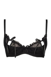 Sensual black Axami Charbon quarter cup shelf bra with peek-a-boo untie cups, ruffles, and sheer tulle.