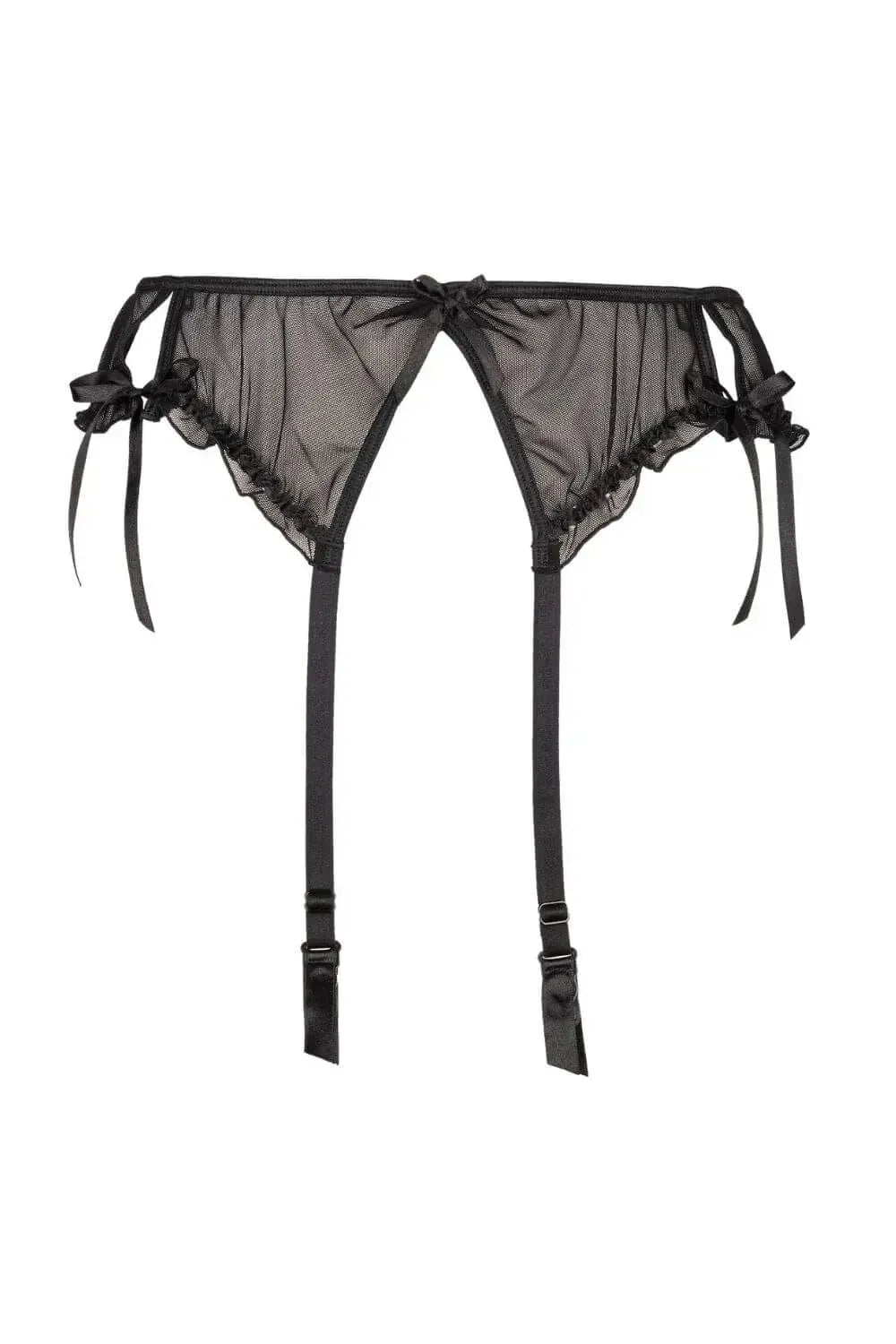 Black sheer tulle Charbon garter belt with feminine frills, charming bows, and adjustable straps.