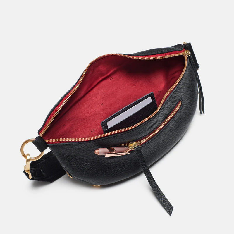 Hammitt Charles Small Leather Crossbody Bag Black/Brushed Gold Red Zip-Rebel Romance