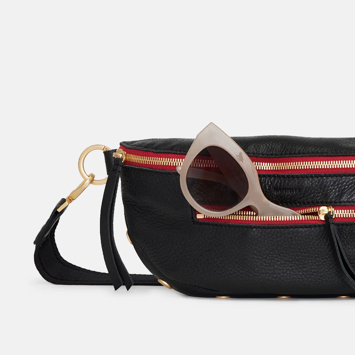 Hammitt Charles Small Leather Crossbody Bag Black/Brushed Gold Red Zip-Rebel Romance