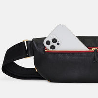 Hammitt Charles Small Leather Crossbody Bag Black/Brushed Gold Red Zip-Rebel Romance